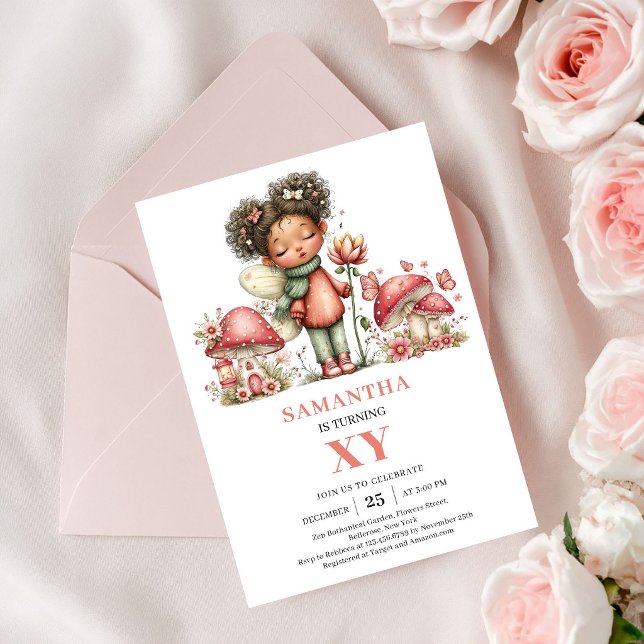 Invitación de cumpleaños de Hada Caprichosa 5to cu (Whimsy Fairy 5th Birthday Pink Floral Invitation)