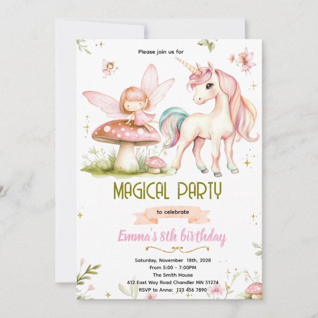 Invitación de cumpleaños de hada de unicornio del  (Anverso)