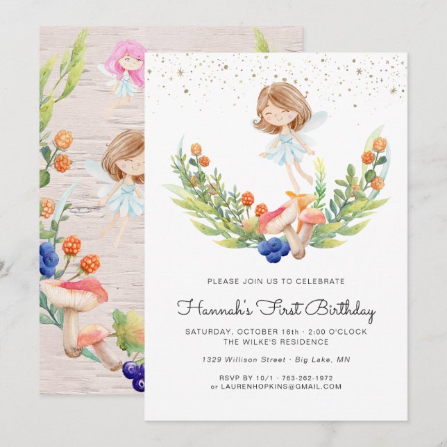 Invitación de cumpleaños de hada del bosque encant (Anverso / Reverso)