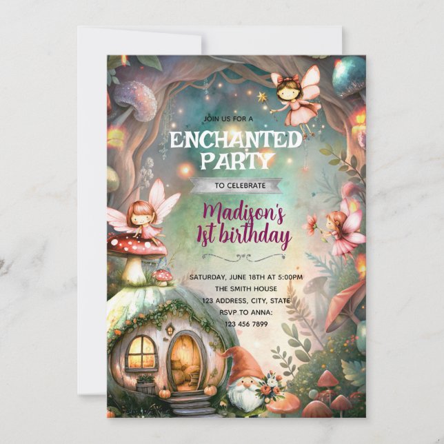 Invitación de cumpleaños de hada del bosque y gnom (Anverso)