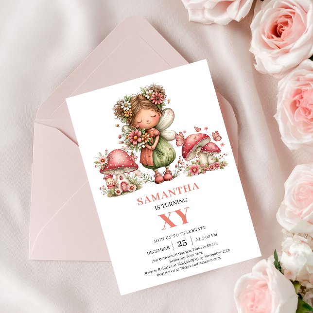Invitación de Cumpleaños de Hada Linda 1er Cumplea (Cute Fairy 1st Birthday Pink Floral Party Invitation)
