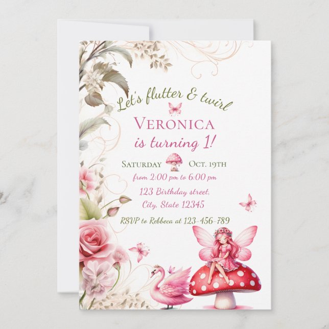 Invitación de cumpleaños de hada para 1er cumpleañ (Anverso)