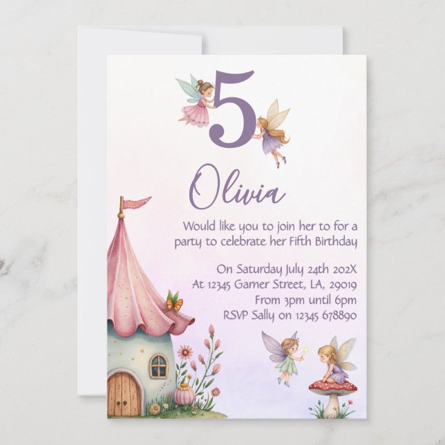 Invitación de cumpleaños de hada para niñas 5º cum (Anverso)