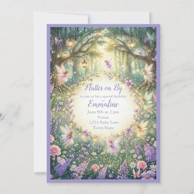 Invitación de cumpleaños de hada púrpura floral de (Anverso)