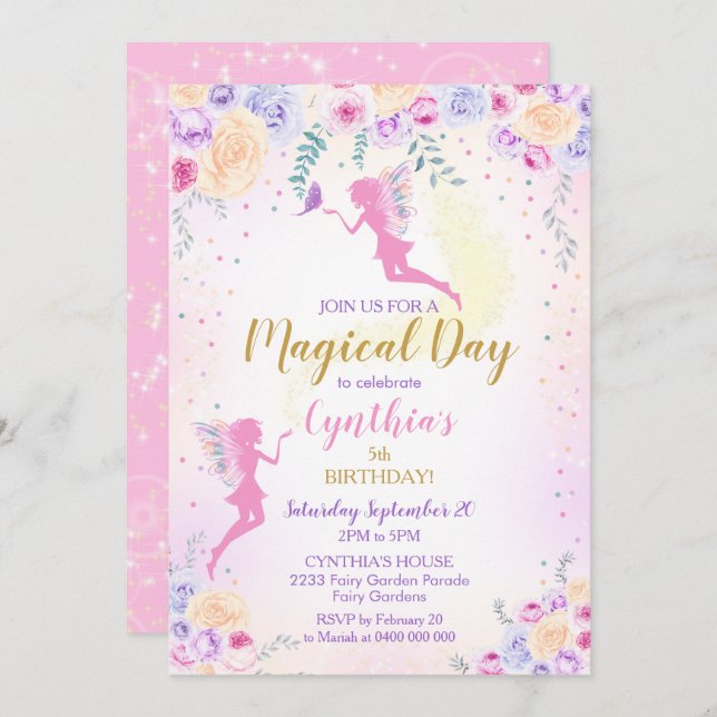 Invitación de cumpleaños de Hada Rosa Jardín de Ha (Anverso / Reverso)