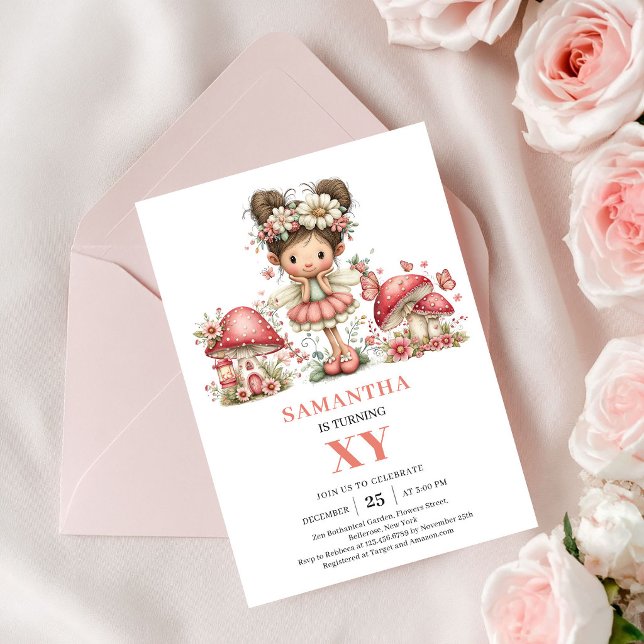Invitación de cumpleaños de hada tierna de 1er cum (Tender Fairy 1st Birthday Pink Mushroom Invitation)