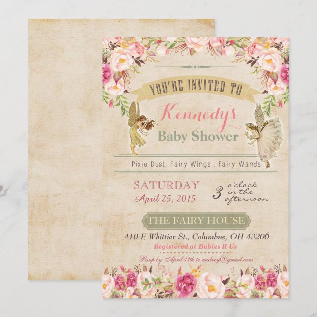 Invitación de Cumpleaños de Hada Vintage (Anverso / Reverso)