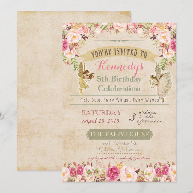 Invitación de cumpleaños de hada vintage (Anverso / Reverso)
