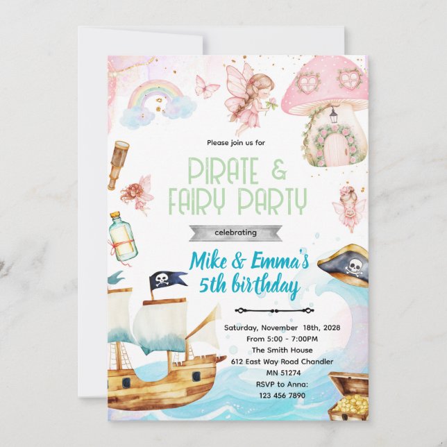 invitación de cumpleaños de hada y pirata (Anverso)