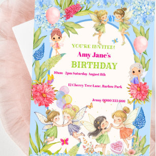 Invitación de cumpleaños de hadas azules y rosadas