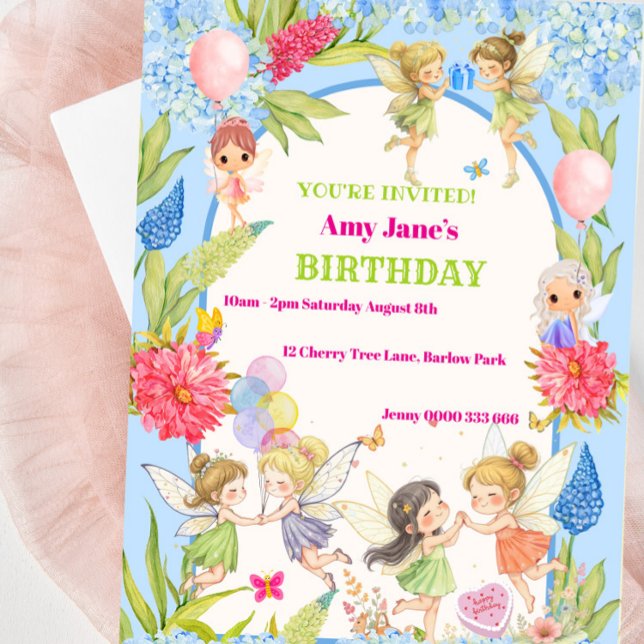 Invitación de cumpleaños de hadas azules y rosadas (Pretty Blue and Pink Fairy Birthday Invitation For Girls Birthday Party)
