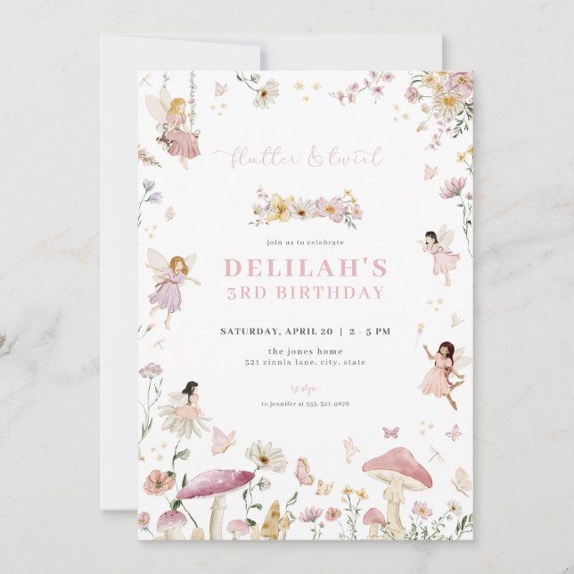 Invitación de cumpleaños de hadas encantadas y cap (Anverso)