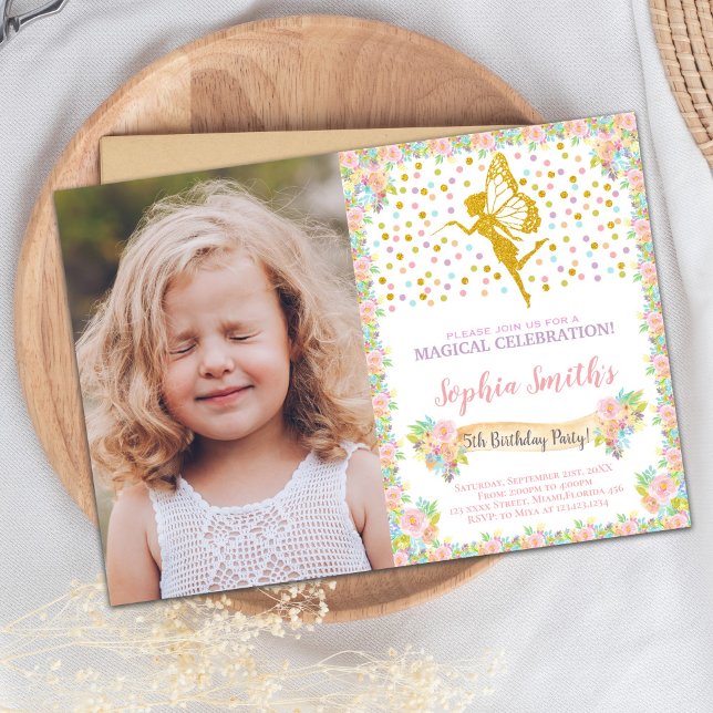 Invitación de cumpleaños de hadas florales con fot (Floral Fairy Birthday Invitations with photo)
