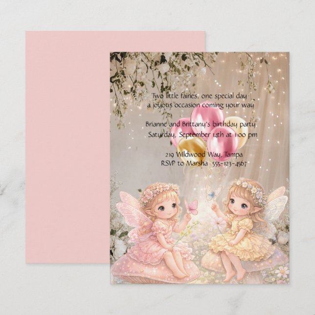Invitación de cumpleaños de hadas gemelas DESCARGA (Anverso / Reverso)