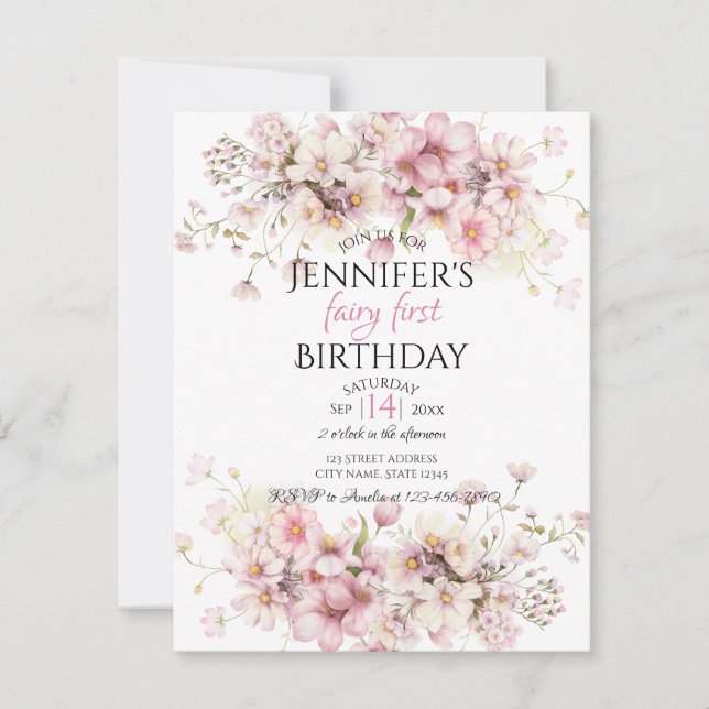 Invitación de cumpleaños de hadas mágicas rosadas (Anverso)