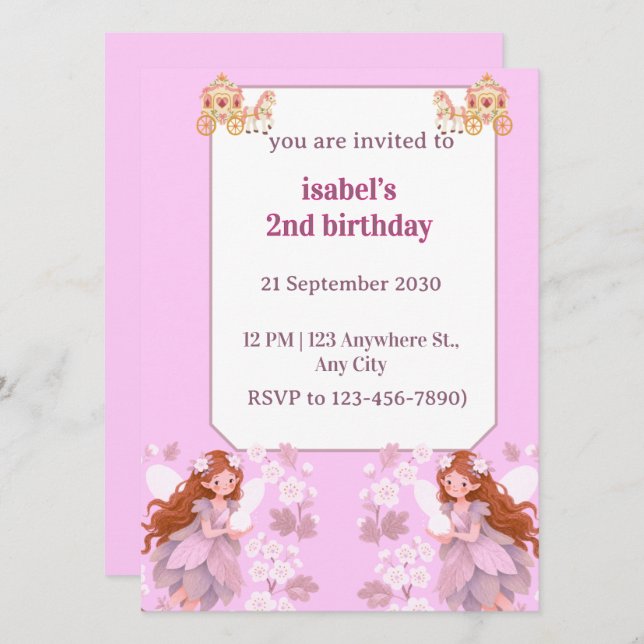 invitación de cumpleaños de hadas niñas (Anverso / Reverso)
