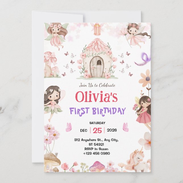 Invitación de cumpleaños de hadas para niñas mágic (Anverso)