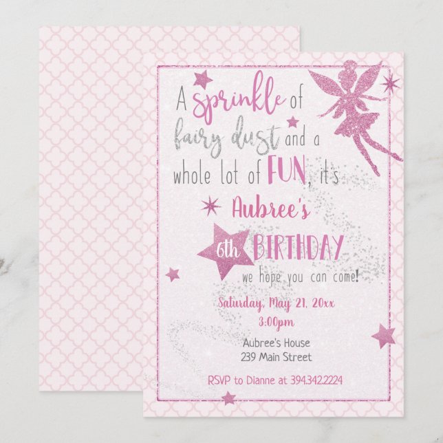 Invitación de cumpleaños de hadas rosadas (Anverso / Reverso)