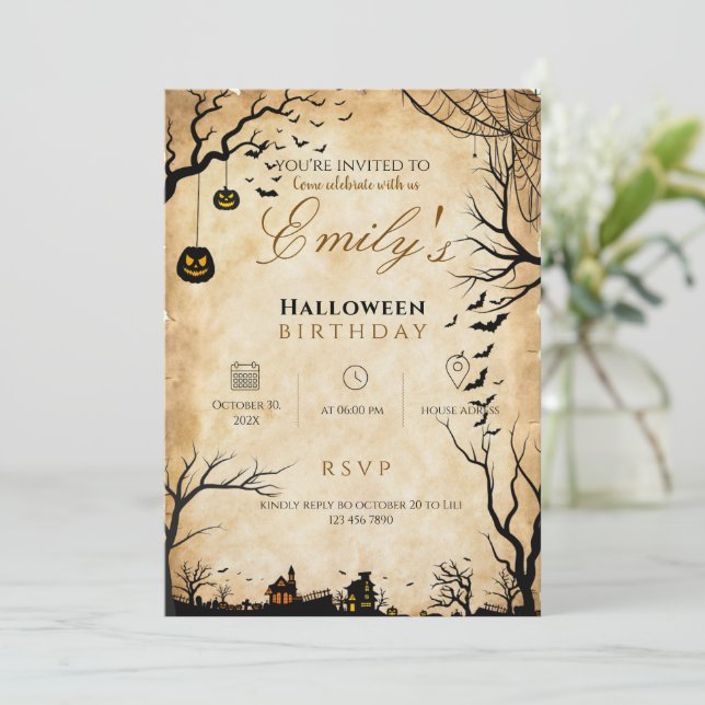 invitación de cumpleaños de Halloween (Anverso de pie)