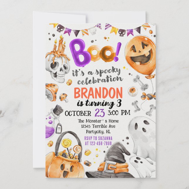 Invitación de cumpleaños de Halloween con acuarela (Anverso)