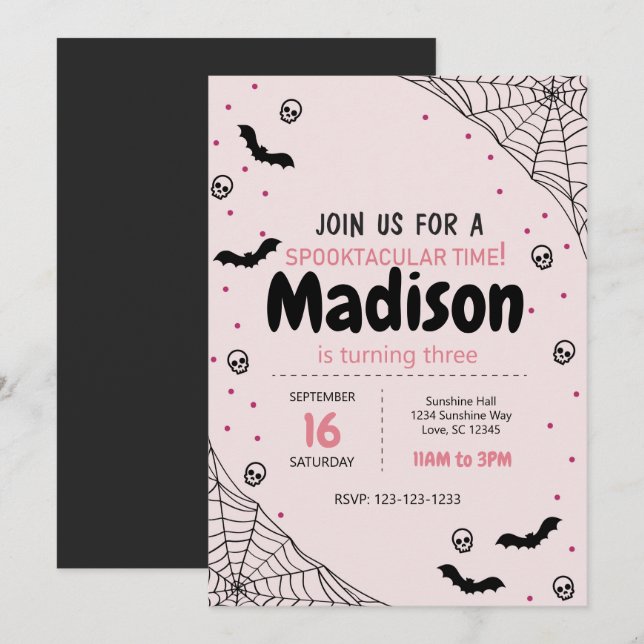 Invitación de cumpleaños de Halloween con Araña Ro (Anverso / Reverso)