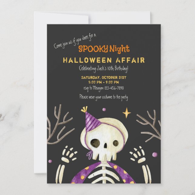 Invitación de cumpleaños de Halloween con esquelet (Anverso)