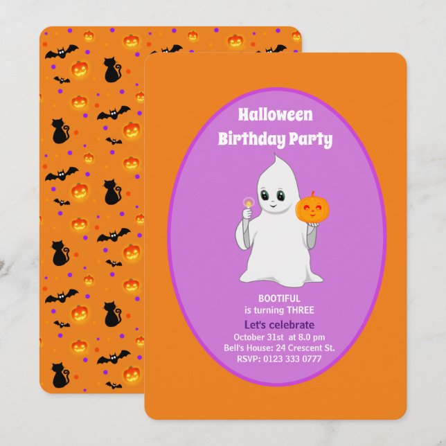 Invitación de cumpleaños de Halloween con fantasma (Anverso / Reverso)