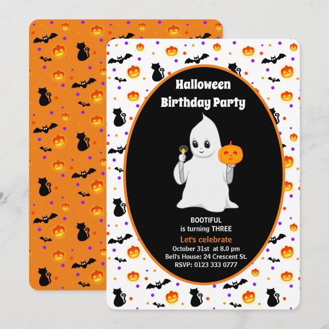 Invitación de cumpleaños de Halloween con fantasma (Anverso / Reverso)