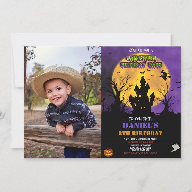Invitación de cumpleaños de Halloween con foto fie (Anverso)