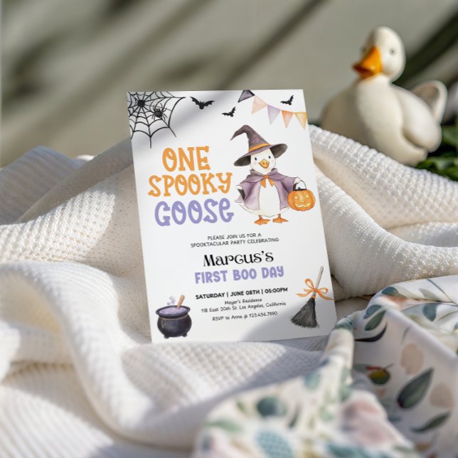 Invitación de cumpleaños de Halloween con ganso y  (Editable One Spooky Goose Birthday Invitation, Halloween Goose First Birthday Invite, Spooky One Boy)