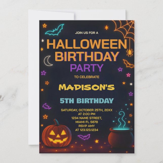 Invitación de cumpleaños de Halloween con magia y  (Anverso)