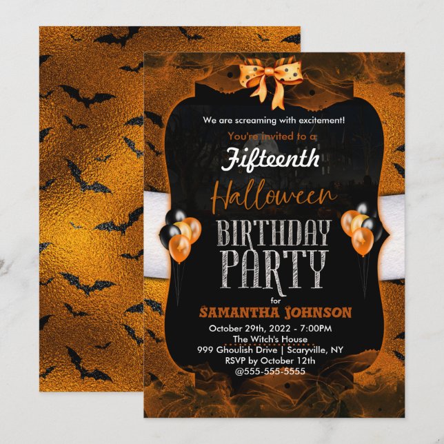 Invitación de cumpleaños de Halloween con murciéla (Anverso / Reverso)