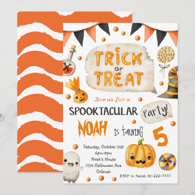 Invitación de cumpleaños de Halloween con trucos o (Anverso / Reverso)