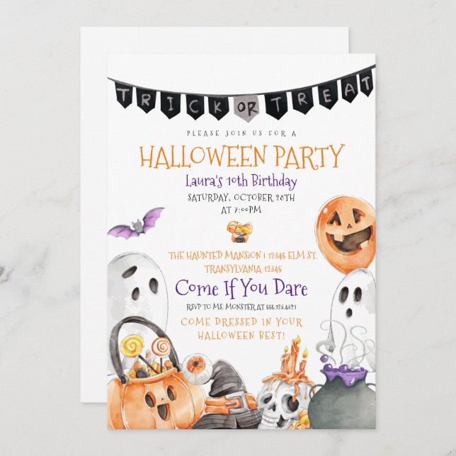 Invitación de cumpleaños de Halloween con trucos o (Anverso / Reverso)