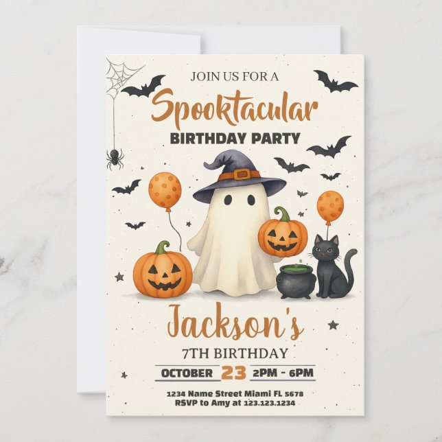 Invitación de cumpleaños de Halloween con trucos o (Anverso)