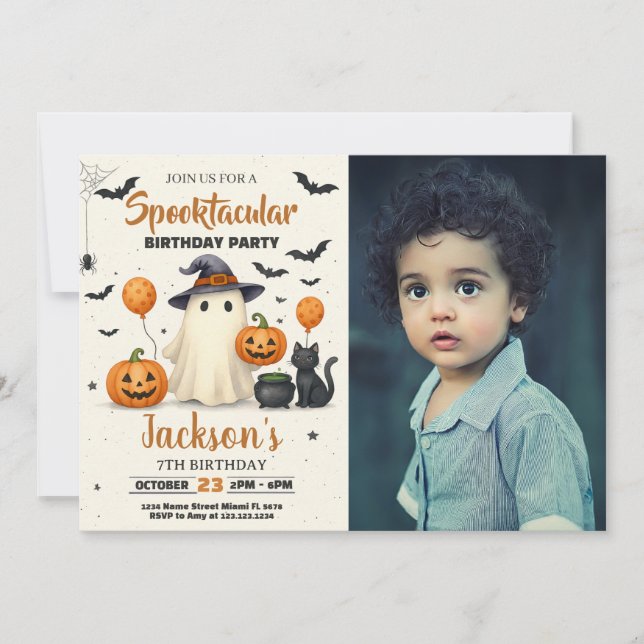 Invitación de cumpleaños de Halloween con trucos o (Anverso)