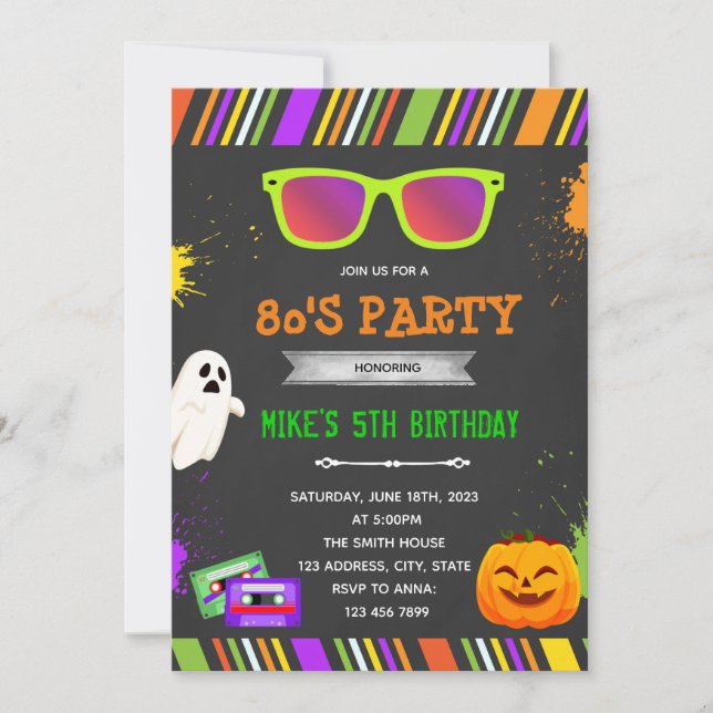 invitación de cumpleaños de Halloween de los 80 (Anverso)