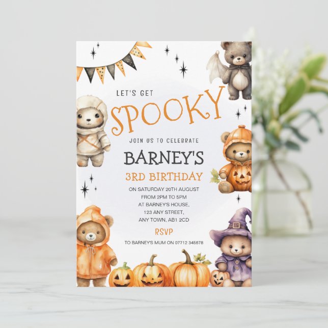 Invitación de cumpleaños de Halloween de ositos de (Anverso de pie)