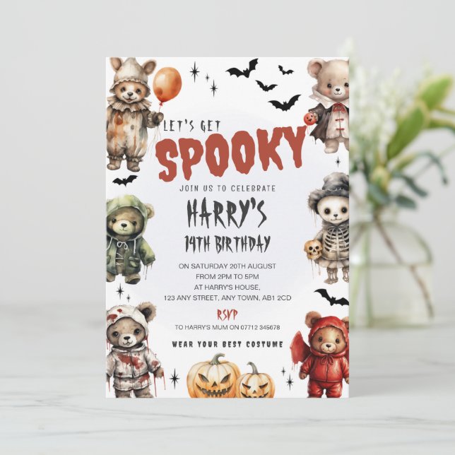 Invitación de cumpleaños de Halloween de osos de p (Anverso de pie)