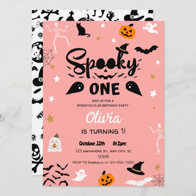 Invitación de cumpleaños de Halloween de Pink Spoo (Anverso / Reverso)