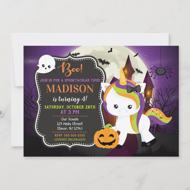 Invitación de cumpleaños de Halloween de Unicornio (Anverso)