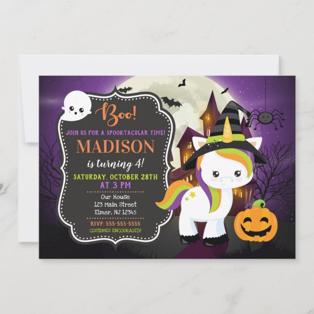 Invitación de cumpleaños de Halloween de Unicornio (Anverso)