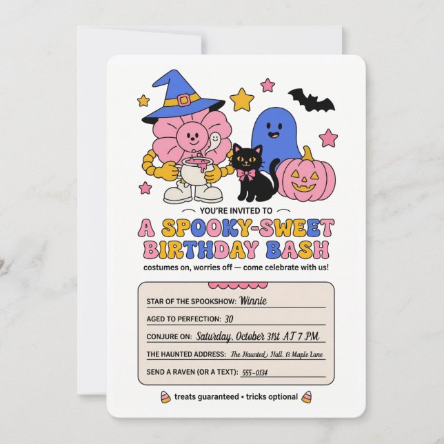 Invitación de cumpleaños de Halloween dulce y espe (Anverso)