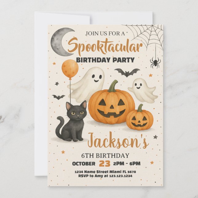 Invitación de cumpleaños de Halloween en Spooktacu (Anverso)