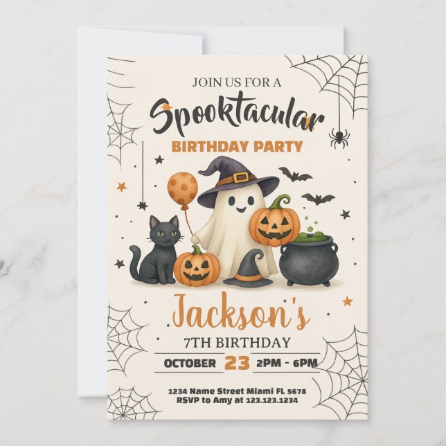 Invitación de cumpleaños de Halloween en Spooktacu (Anverso)