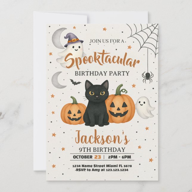 Invitación de cumpleaños de Halloween en Spooktacu (Anverso)