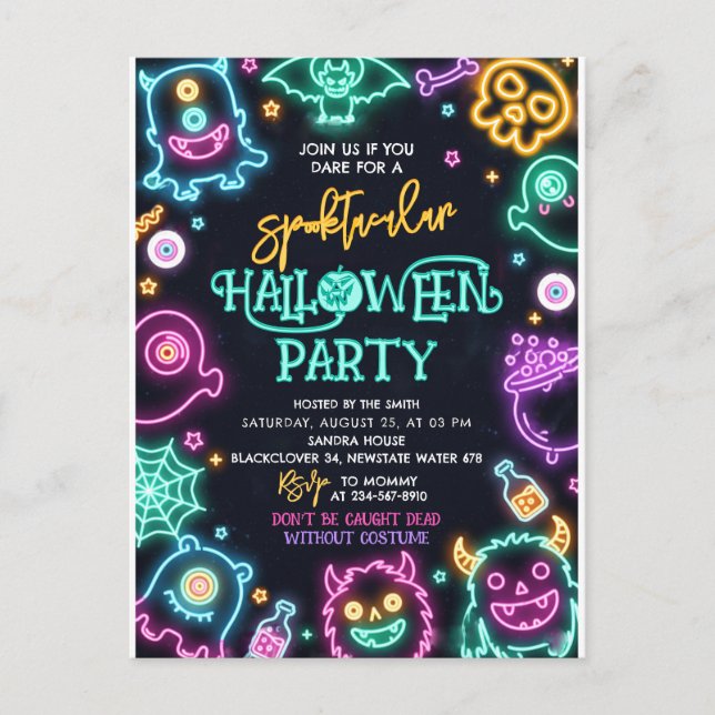 Invitación de cumpleaños de Halloween neón espeluz (Anverso)