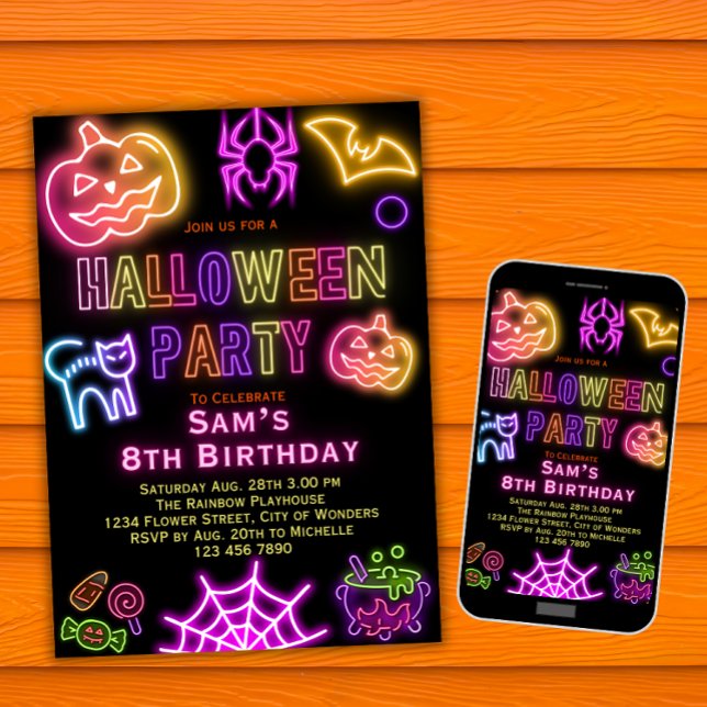Invitación de cumpleaños de Halloween niños Neon F (Subido por el creador)