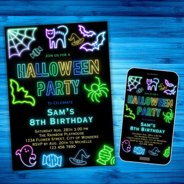 Invitación de cumpleaños de Halloween niños Neon F (Subido por el creador)