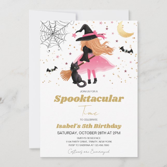 Invitación de cumpleaños de Halloween para brujas  (Anverso)